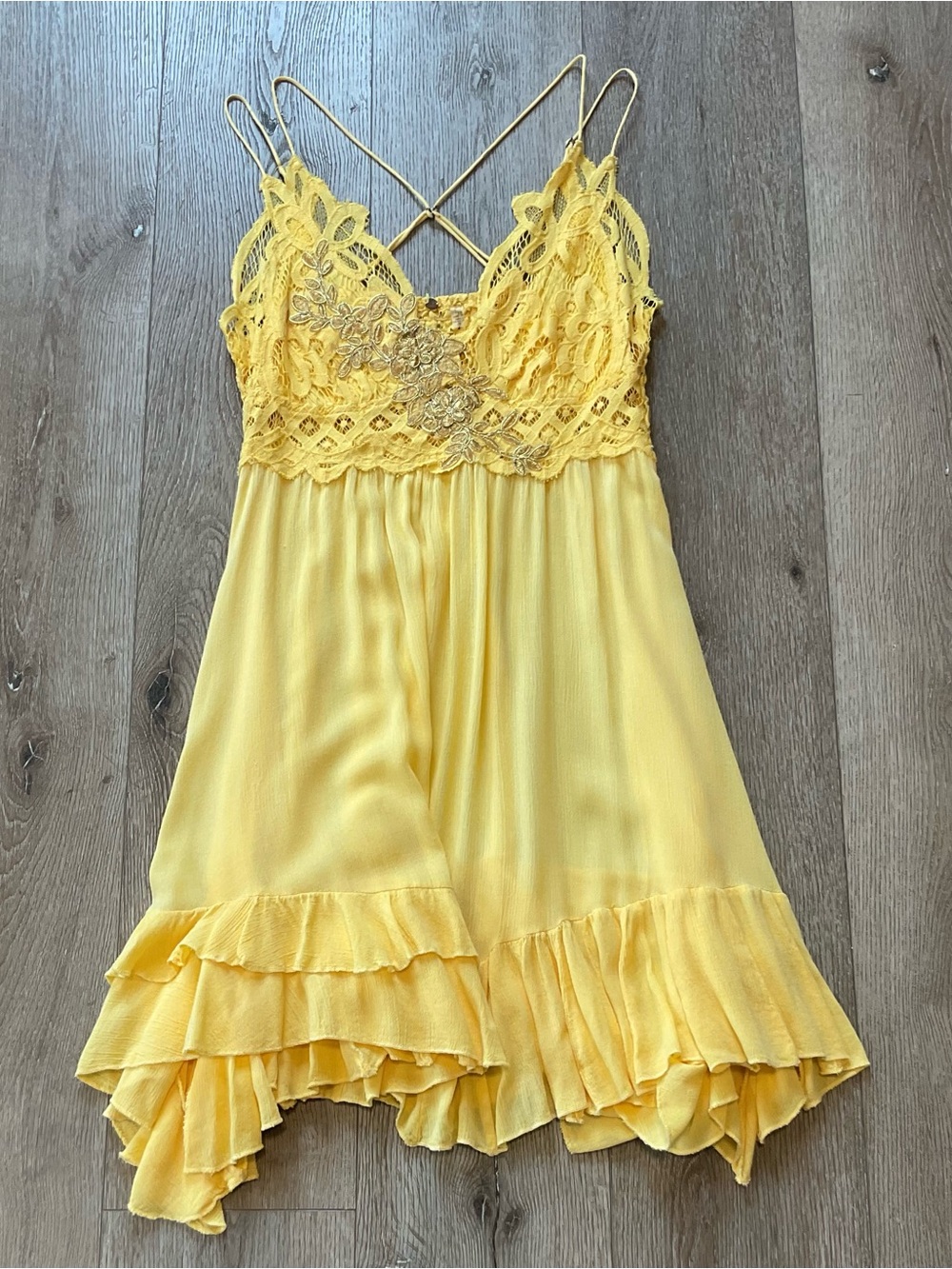 Free People One Adella Yellow Lace-Trim Mini Dress Size Large